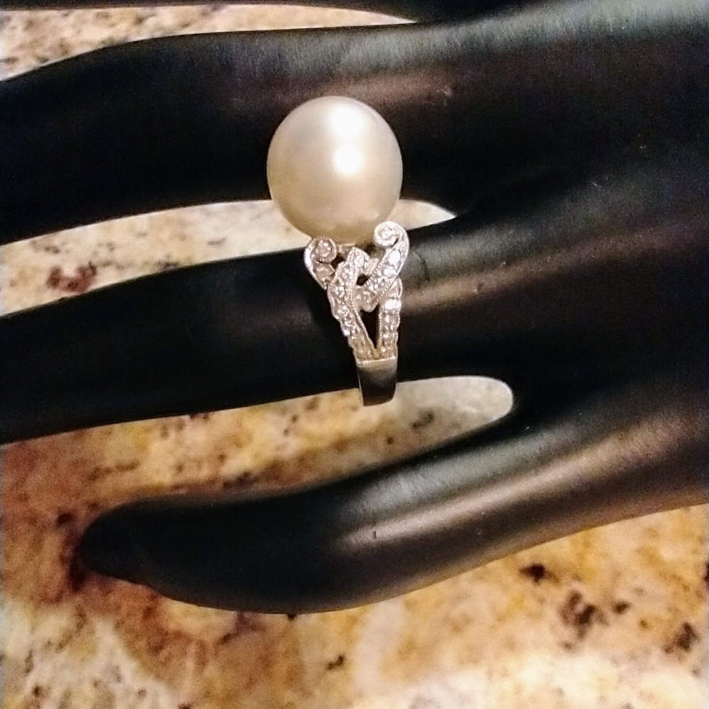 Ring South Sea 14kt White Gold Diamond & Large Pearl NWOT